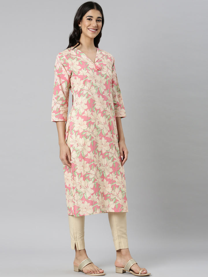 Neerus Pink Casual Floral Straight Kurtas