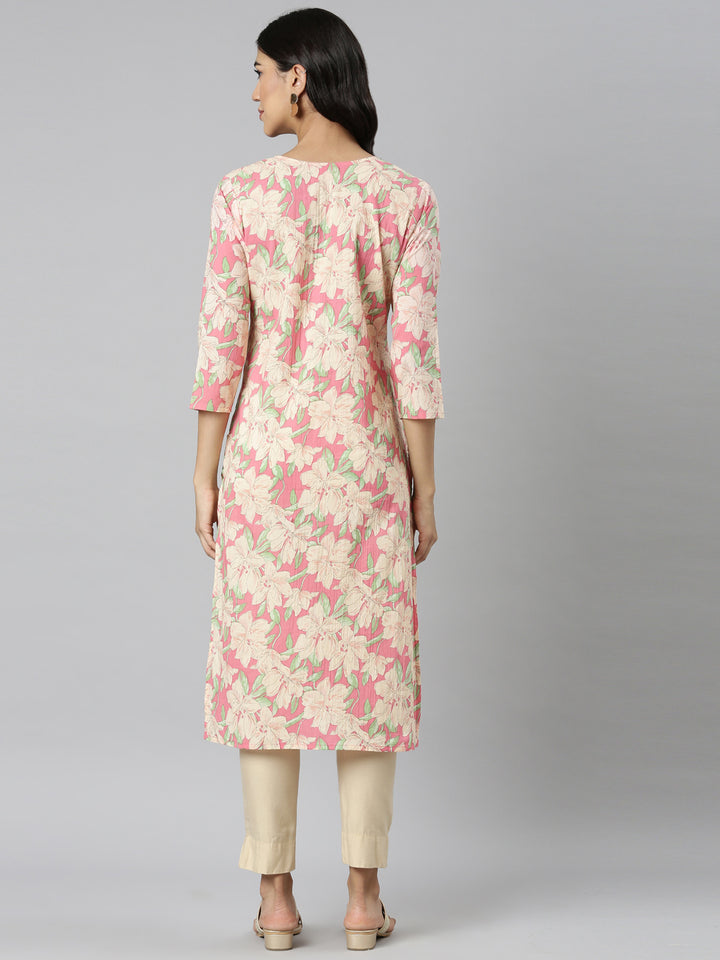 Neerus Pink Casual Floral Straight Kurtas