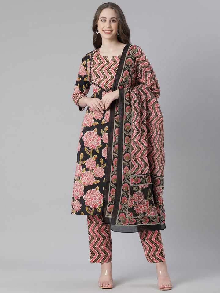 Neerus Black Printed Straight Kurta and Trousers With Dupatta