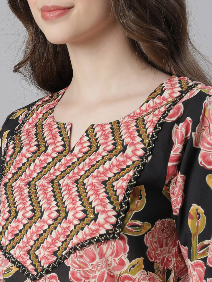 Neerus Black Printed Straight Kurta and Trousers With Dupatta