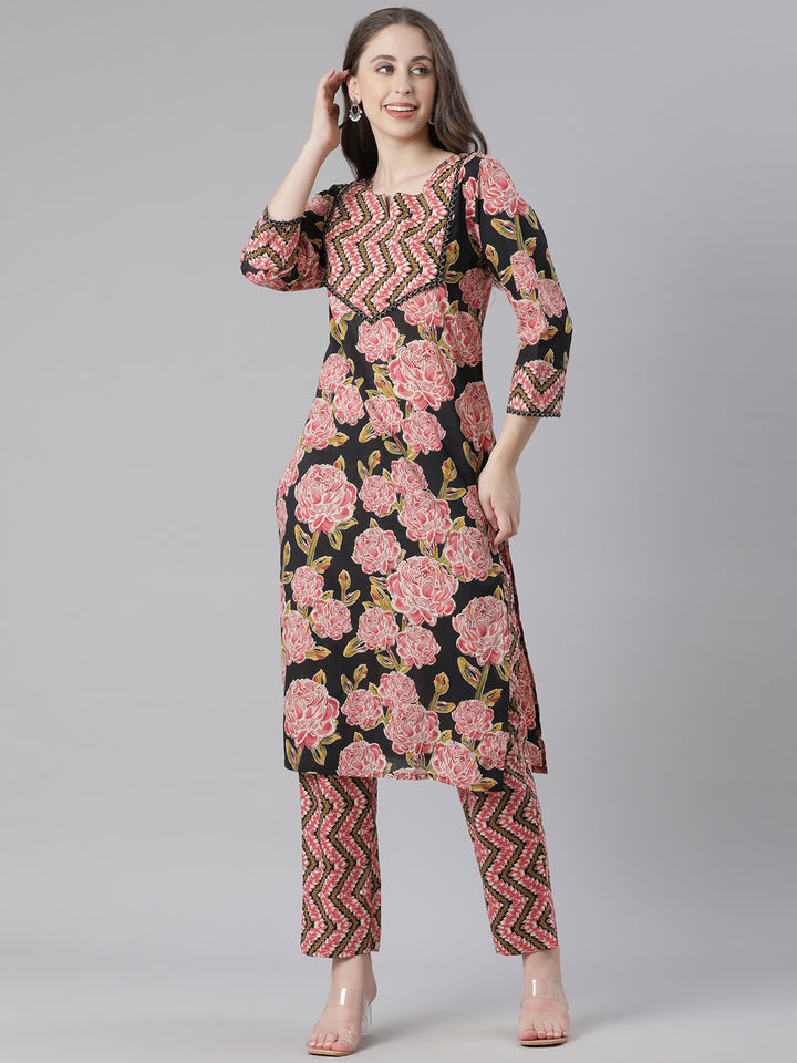 Neerus Black Printed Straight Kurta and Trousers With Dupatta