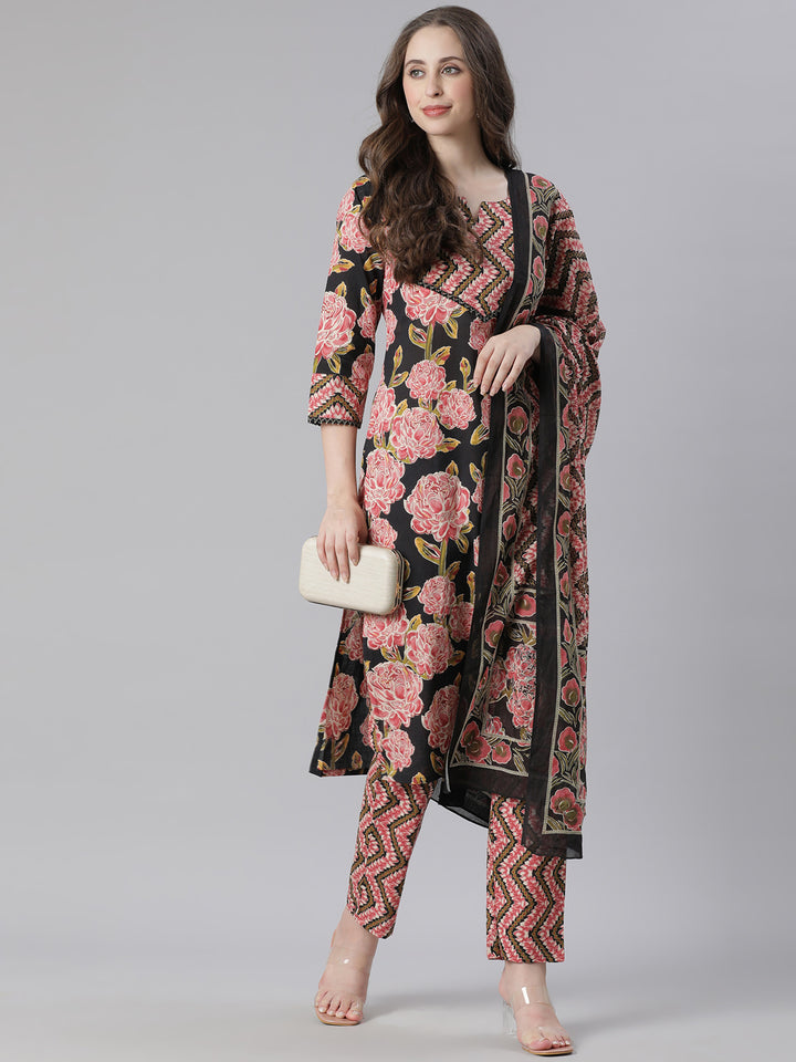 Neerus Black Printed Straight Kurta and Trousers With Dupatta