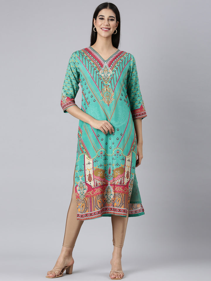Neerus Green Casual Paisley Straight Kurtas