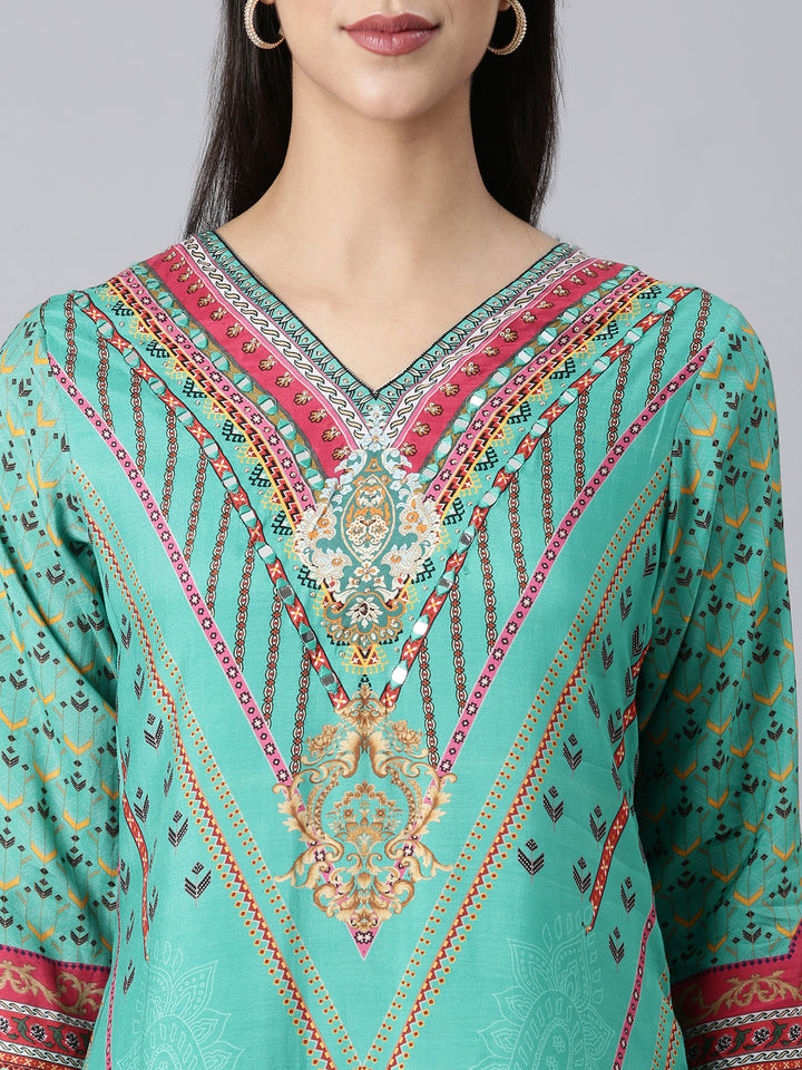 Neerus Green Casual Paisley Straight Kurtas