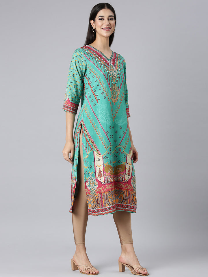 Neerus Green Casual Paisley Straight Kurtas