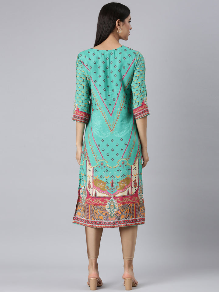 Neerus Green Casual Paisley Straight Kurtas