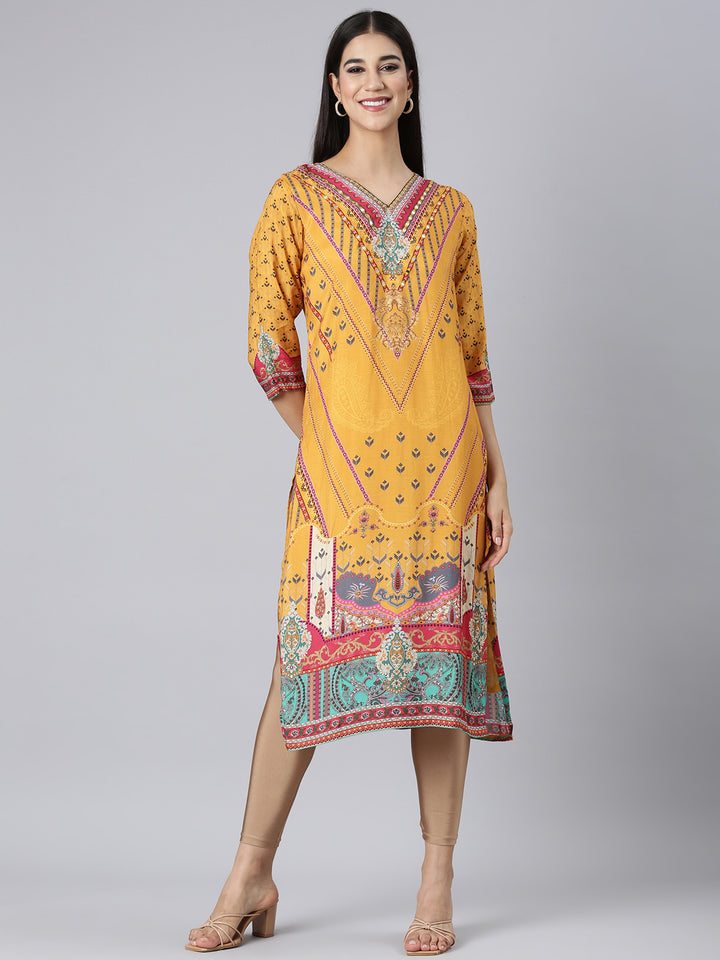 Neerus Mustard Casual Paisley Straight Kurtas