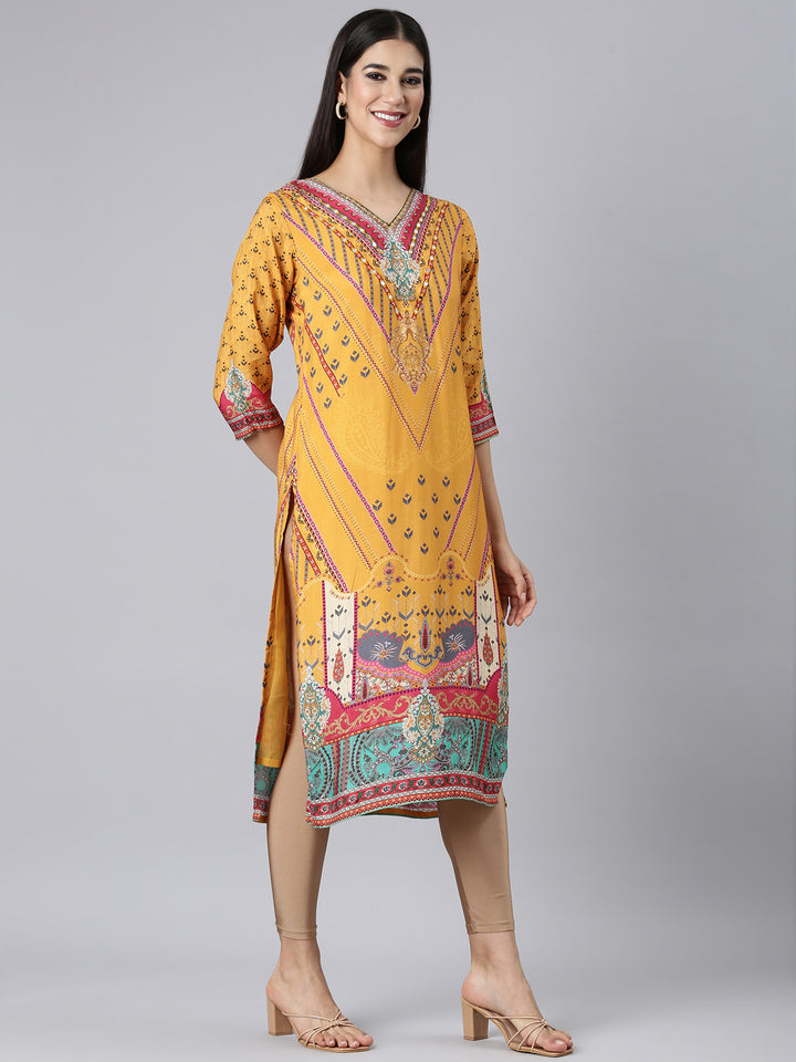 Neerus Mustard Casual Paisley Straight Kurtas