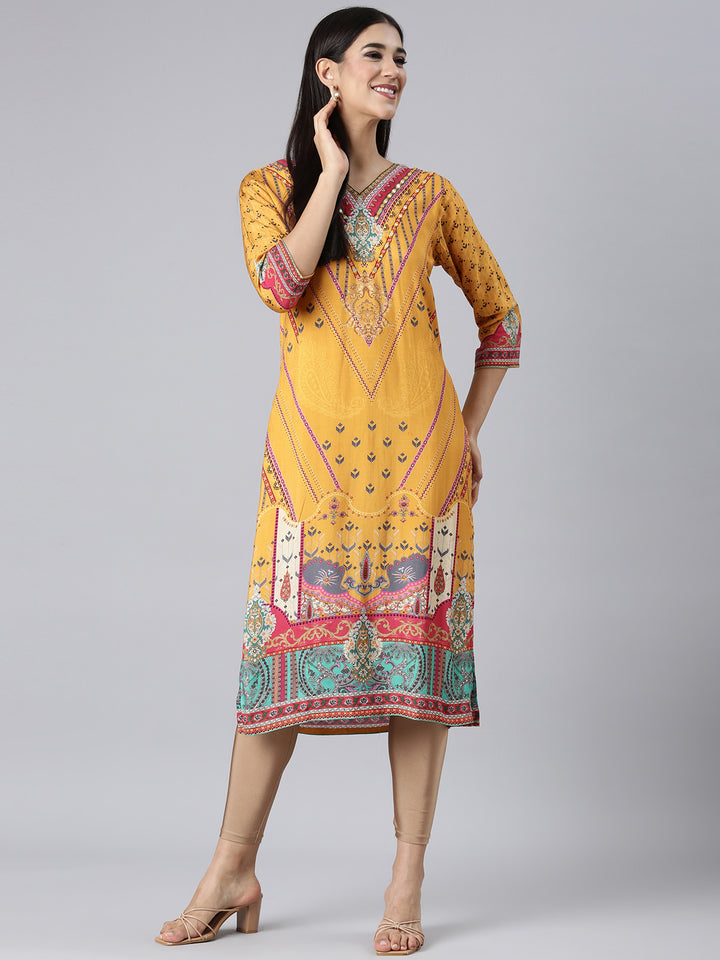 Neerus Mustard Casual Paisley Straight Kurtas