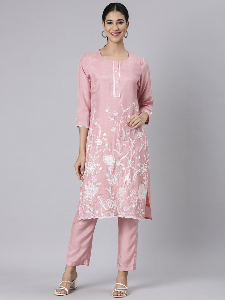 Neerus Pink Casual Solid Straight Kurta and Trousers