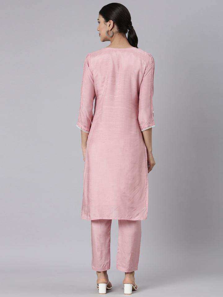 Neerus Pink Casual Solid Straight Kurta and Trousers