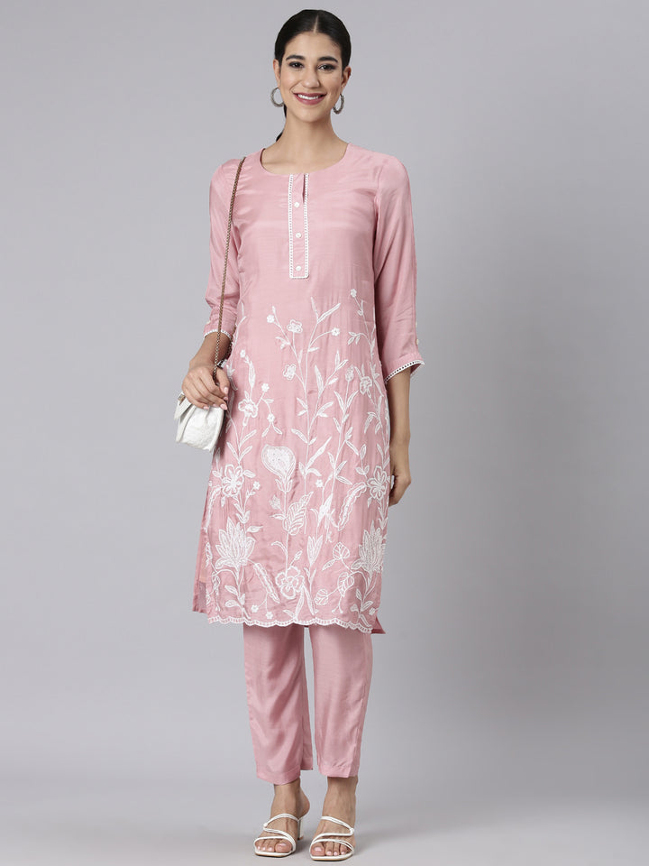 Neerus Pink Casual Solid Straight Kurta and Trousers