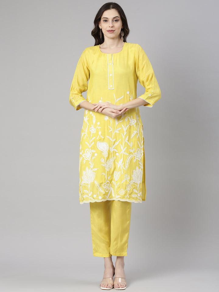 Neerus Yellow Embroidered Straight Kurta and Trousers