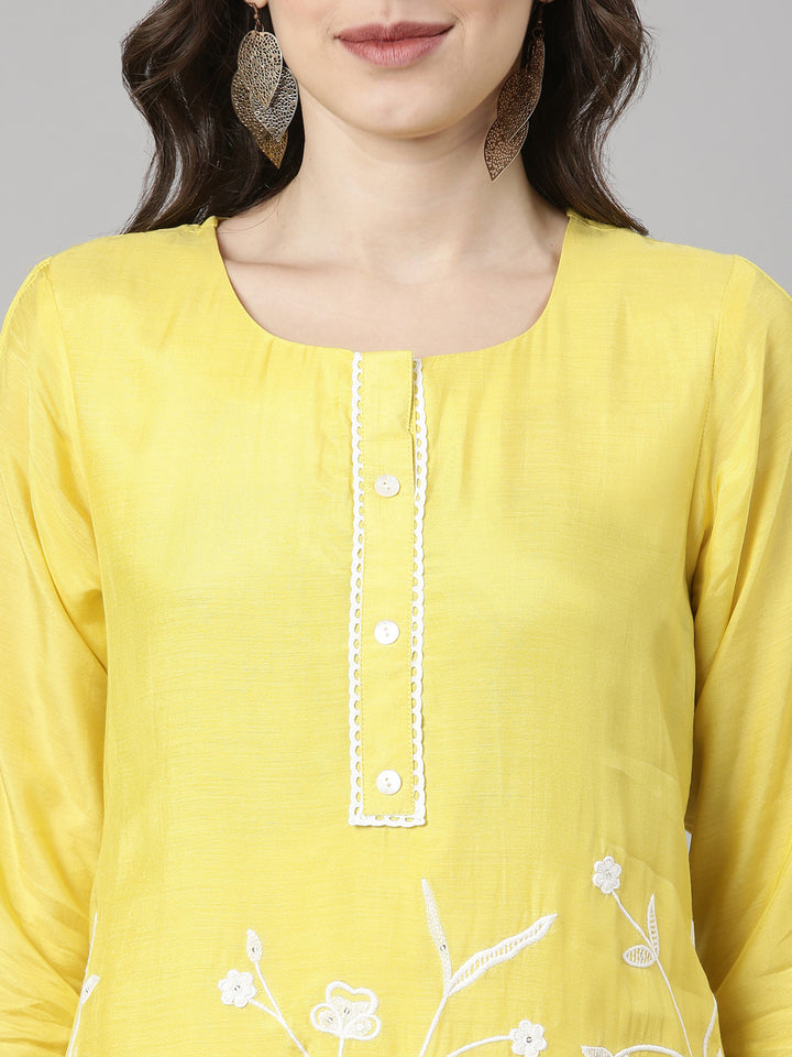 Neerus Yellow Embroidered Straight Kurta and Trousers
