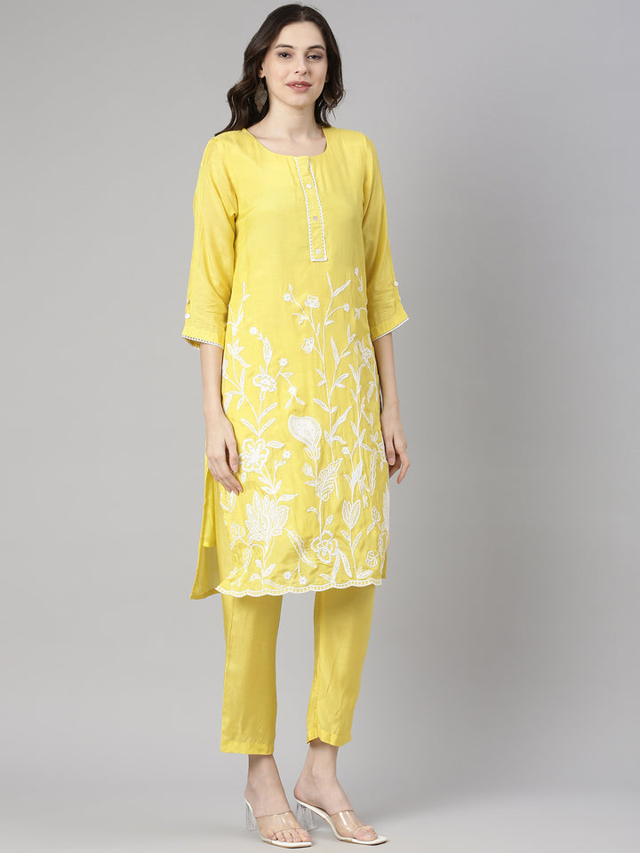 Neerus Yellow Embroidered Straight Kurta and Trousers