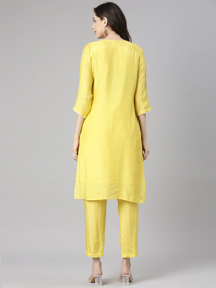 Neerus Yellow Embroidered Straight Kurta and Trousers