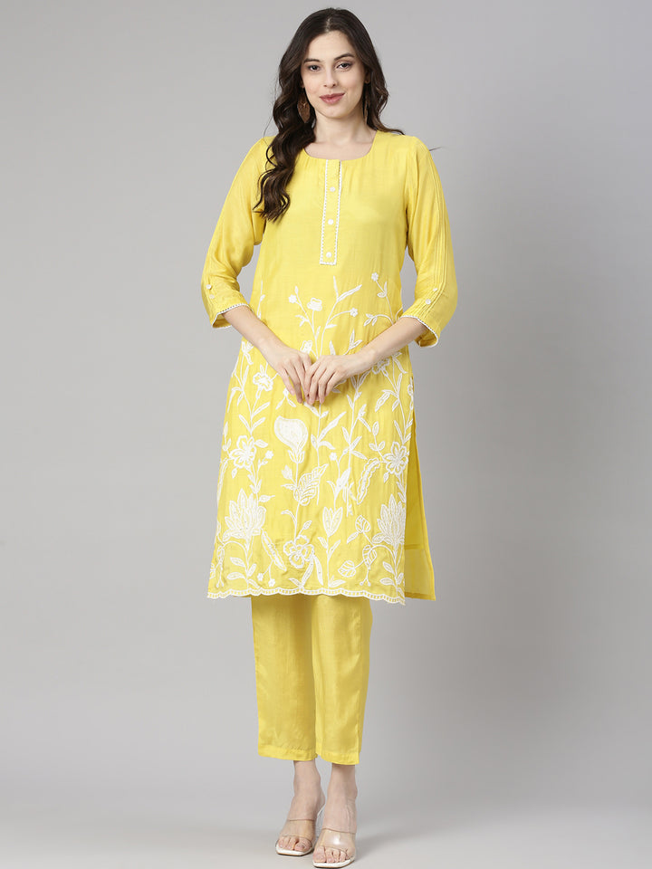 Neerus Yellow Embroidered Straight Kurta and Trousers