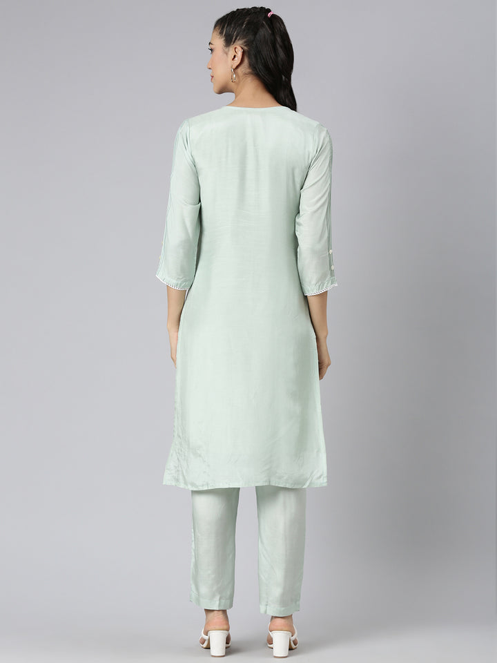 Neerus Green Casual Solid Straight Kurta and Trousers