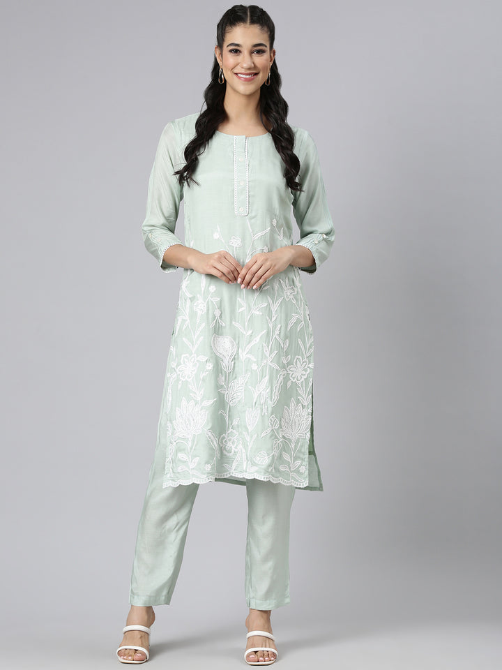 Neerus Green Casual Solid Straight Kurta and Trousers