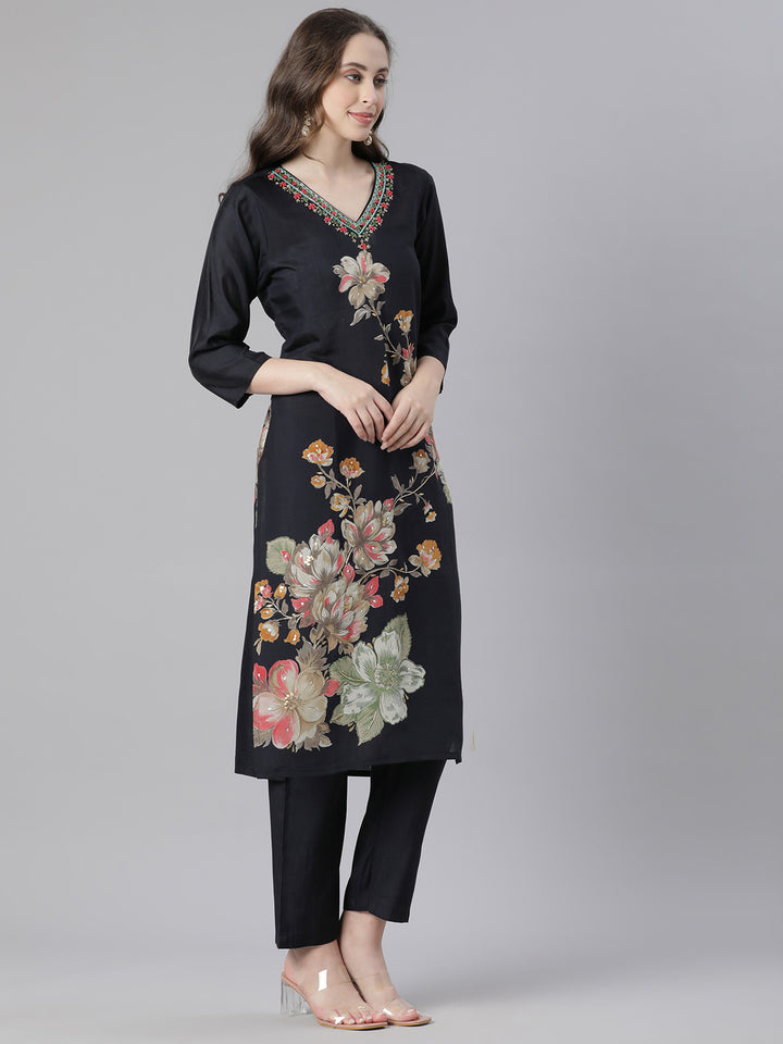 Neerus Black Printed Straight Kurta and Trousers With Dupatta