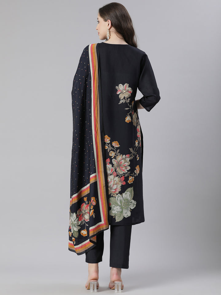 Neerus Black Printed Straight Kurta and Trousers With Dupatta