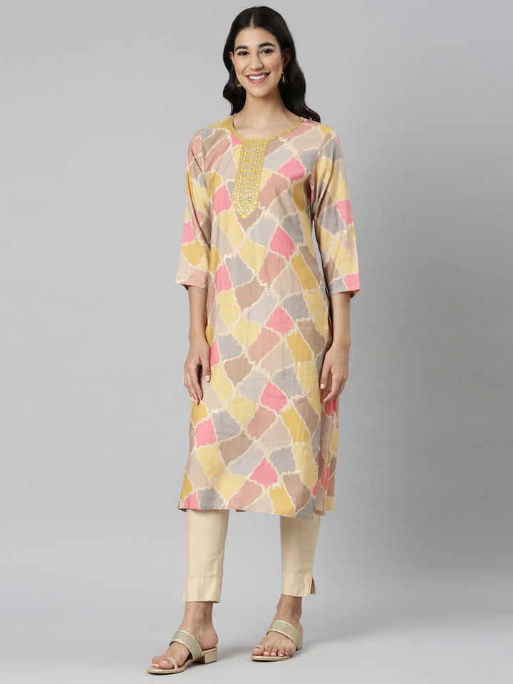 Neerus Yellow Casual Colourblocked Straight Kurtas