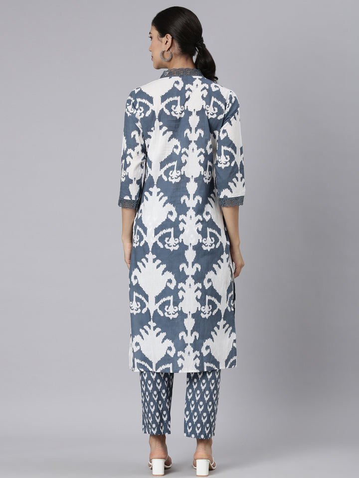 Neerus Grey Printed Straight Kurta and Trousers