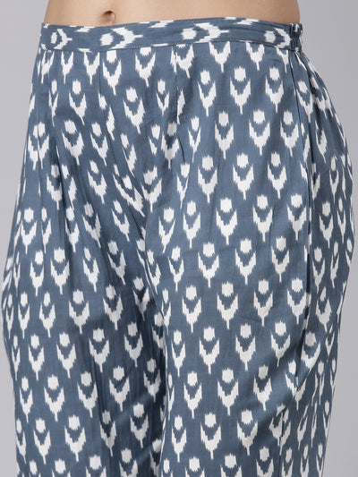 Neerus Grey Printed Straight Kurta and Trousers