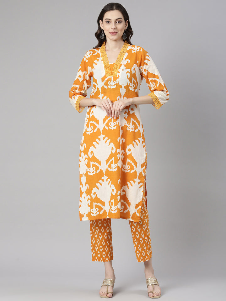 Neerus Mustard Printed Straight Kurta and Trousers