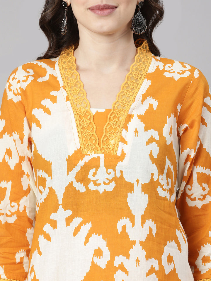 Neerus Mustard Printed Straight Kurta and Trousers