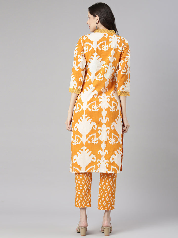 Neerus Mustard Printed Straight Kurta and Trousers