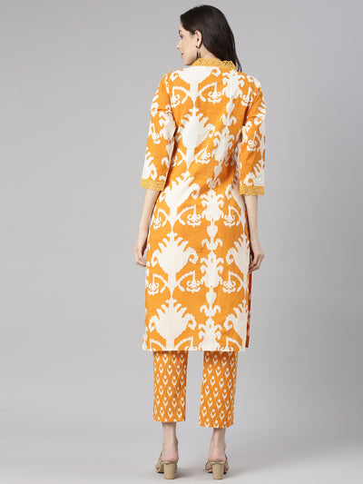 Neerus Mustard Printed Straight Kurta and Trousers