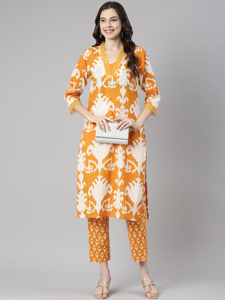 Neerus Mustard Printed Straight Kurta and Trousers
