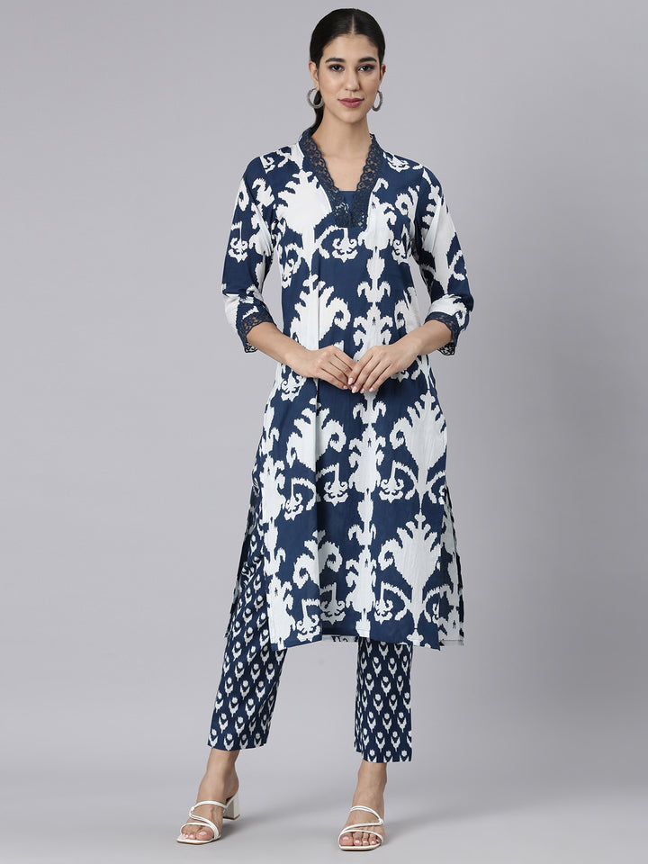 Neerus Navy Blue Printed Straight Kurta and Trousers