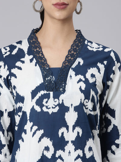 Neerus Navy Blue Printed Straight Kurta and Trousers