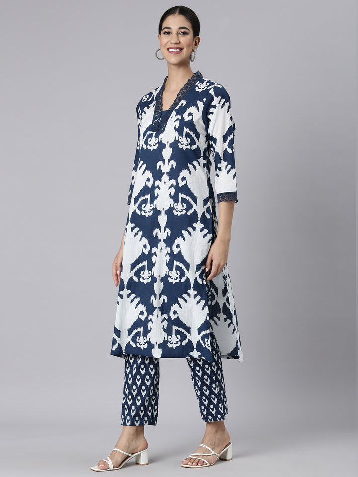 Neerus Navy Blue Printed Straight Kurta and Trousers