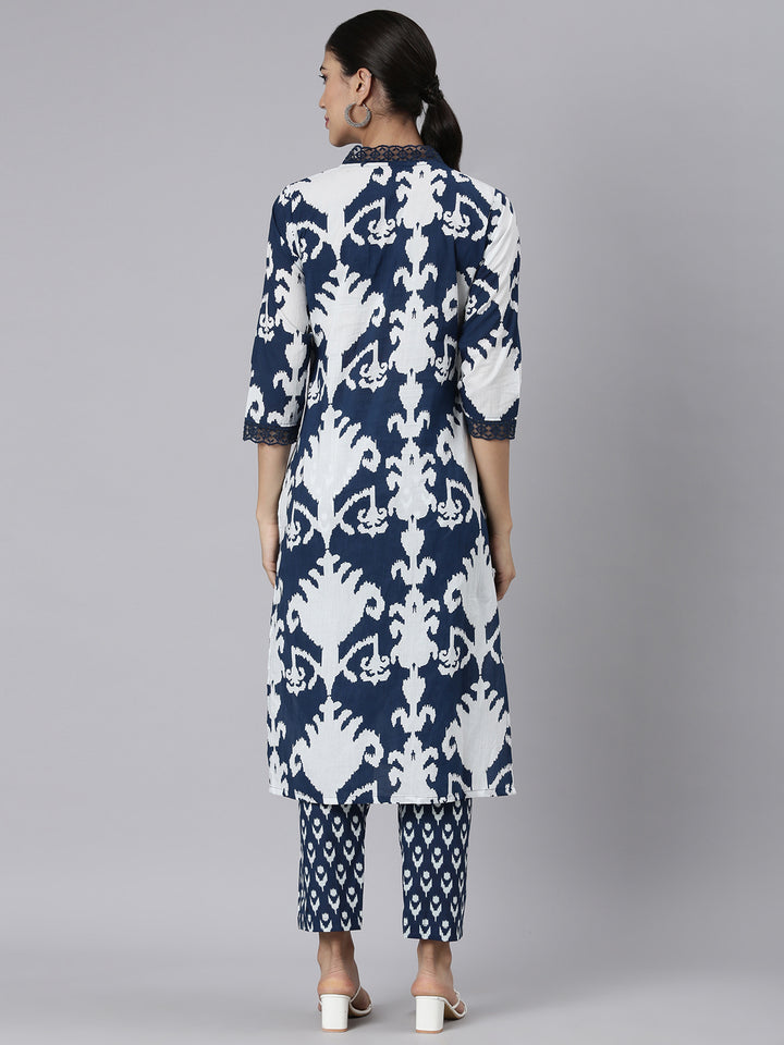 Neerus Navy Blue Printed Straight Kurta and Trousers