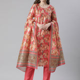 Neerus Orange Printed Straight Kurta and Trousers With Dupatta