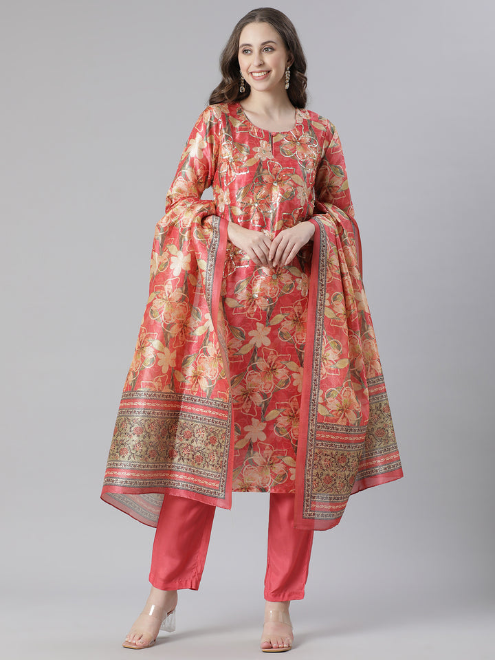 Neerus Orange Printed Straight Kurta and Trousers With Dupatta