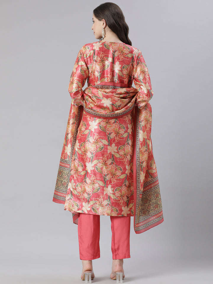 Neerus Orange Printed Straight Kurta and Trousers With Dupatta