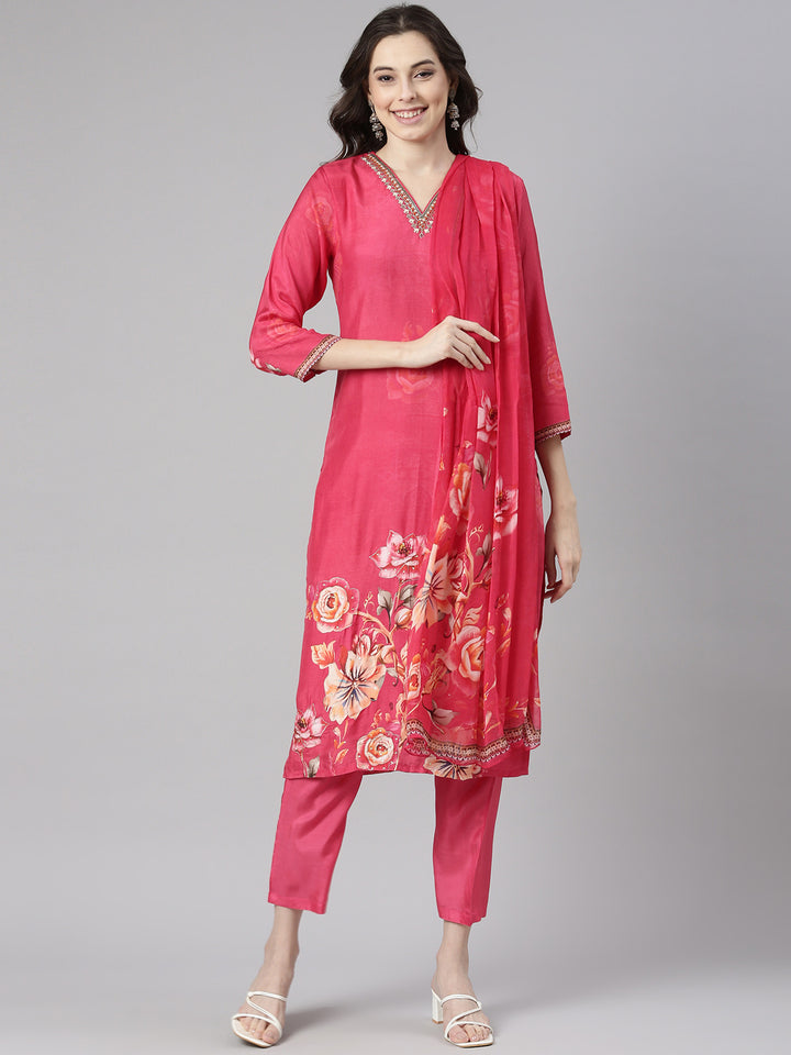 Neerus Pink Printed Straight Kurta and Trousers With Dupatta