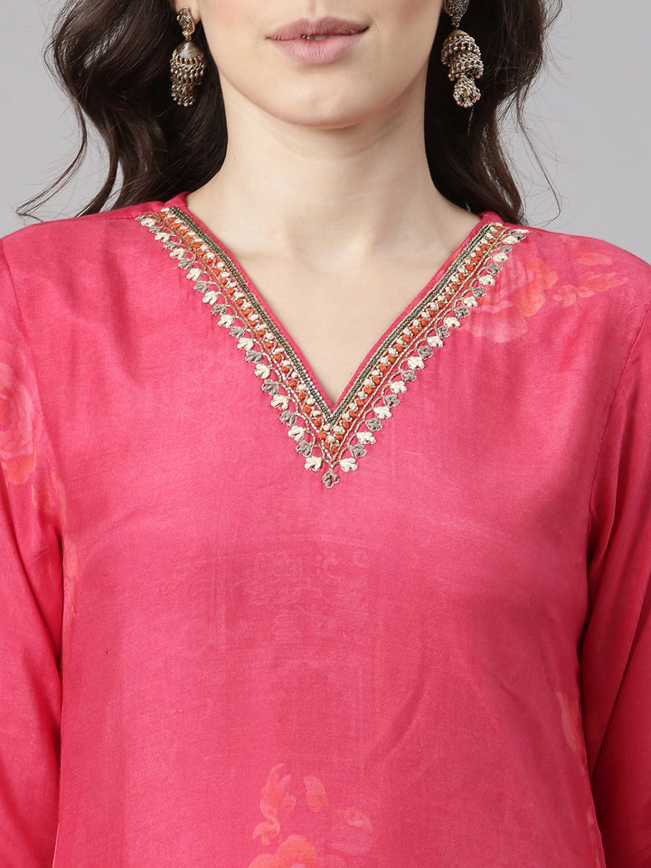 Neerus Pink Printed Straight Kurta and Trousers With Dupatta