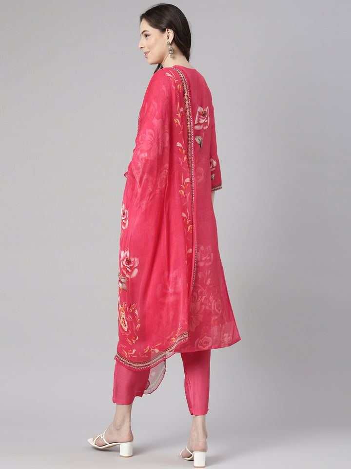 Neerus Pink Printed Straight Kurta and Trousers With Dupatta