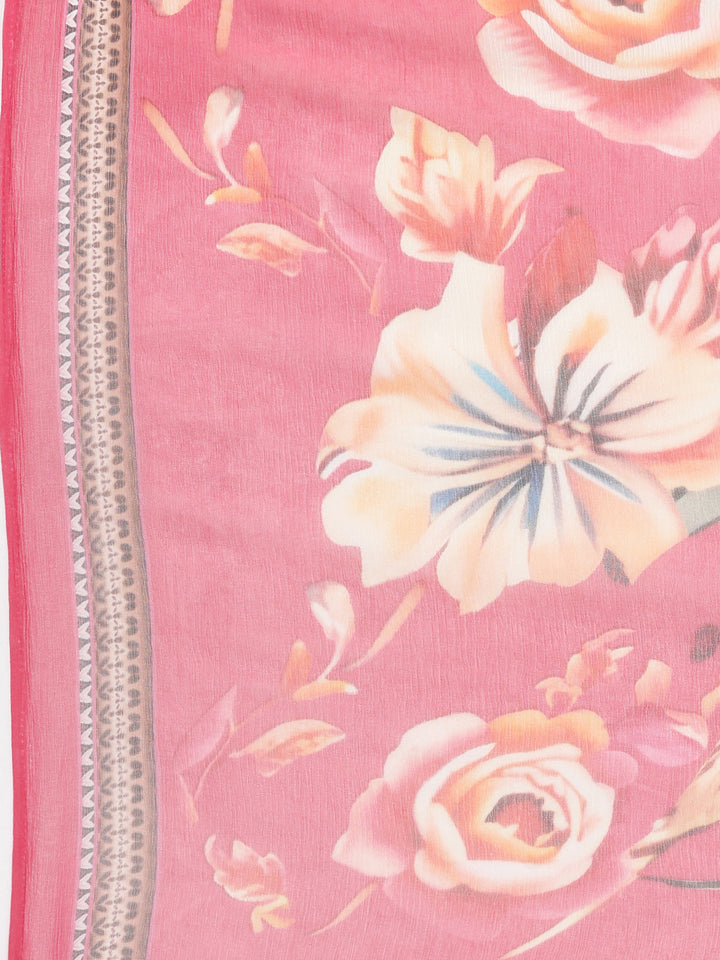 Neerus Pink Printed Straight Kurta and Trousers With Dupatta