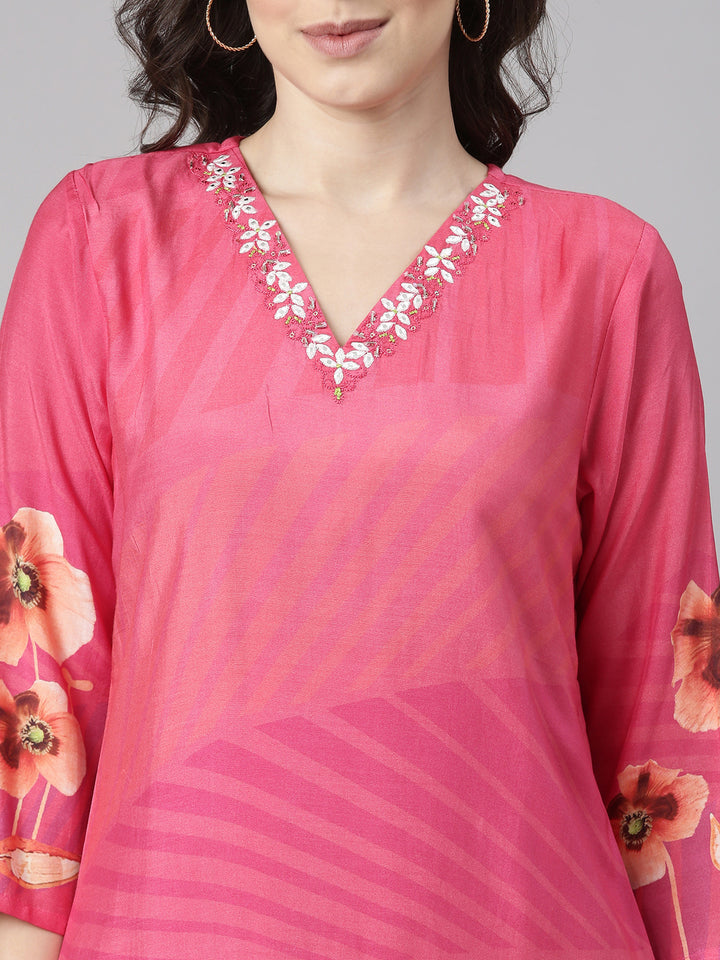 Neerus Pink Printed Straight Kurta and Trousers With Dupatta