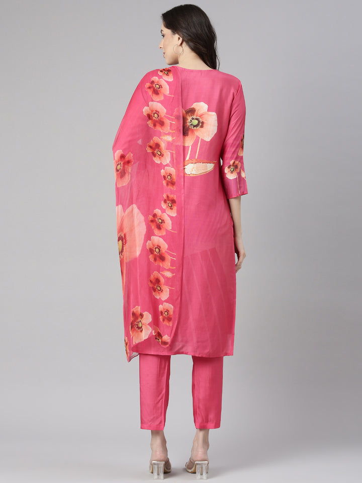 Neerus Pink Printed Straight Kurta and Trousers With Dupatta