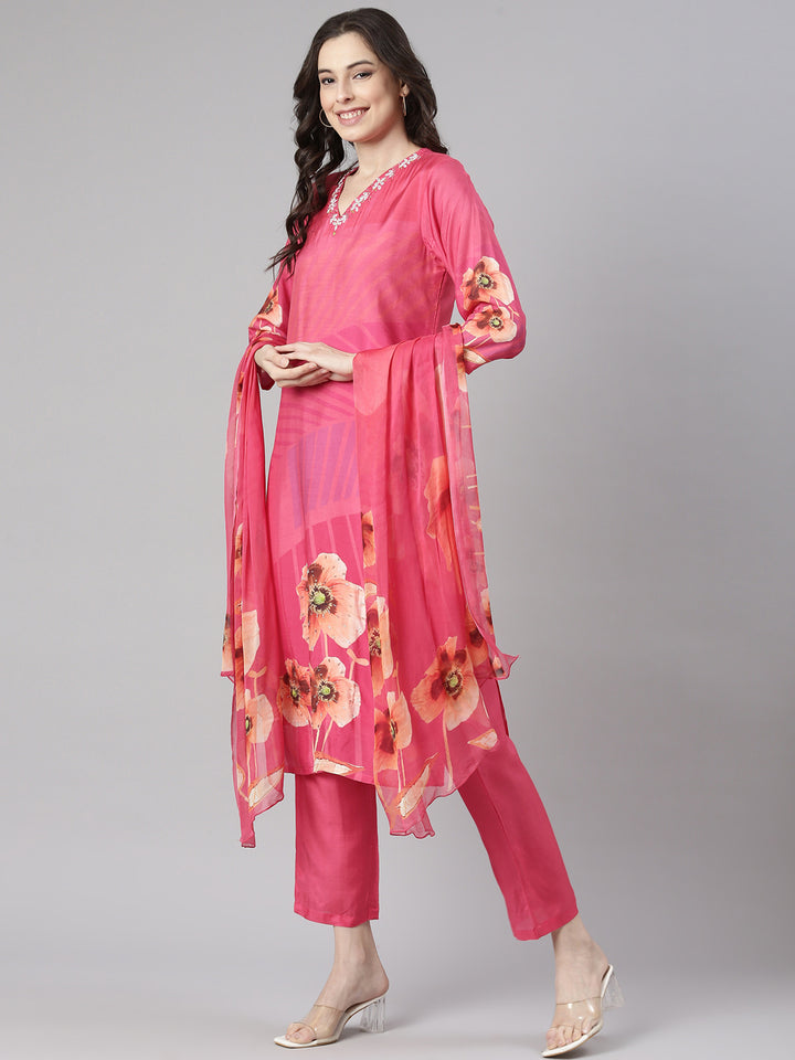 Neerus Pink Printed Straight Kurta and Trousers With Dupatta