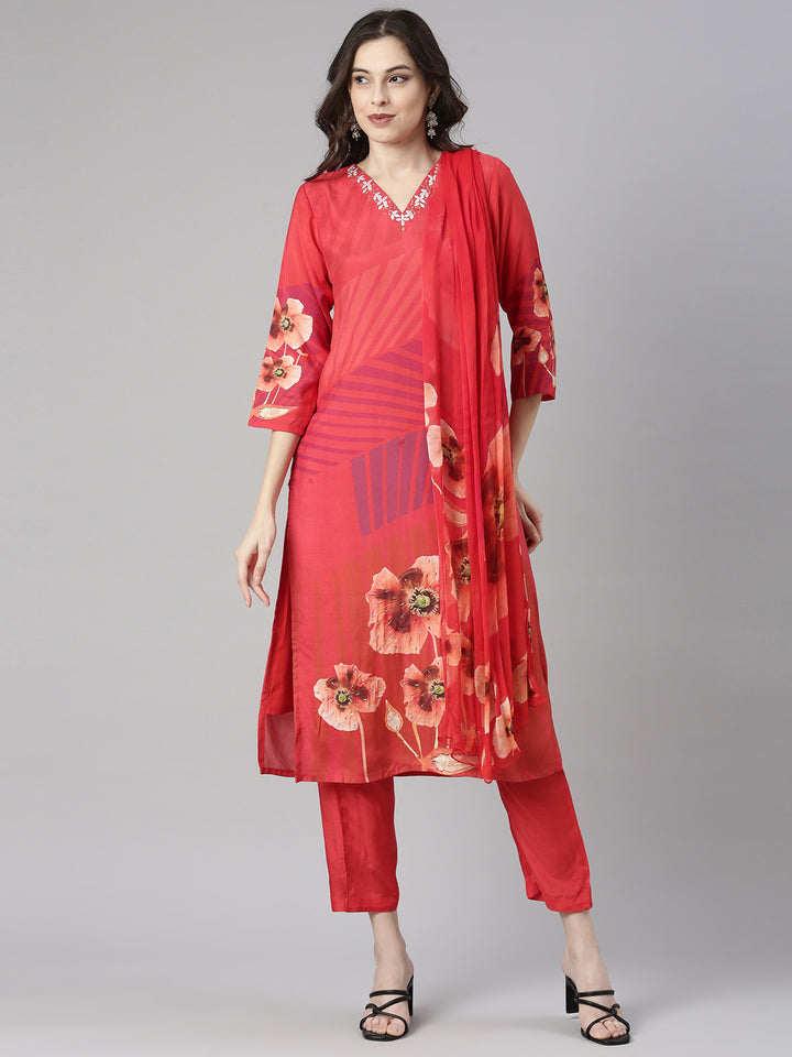 Neerus Red Printed Straight Kurta and Trousers With Dupatta