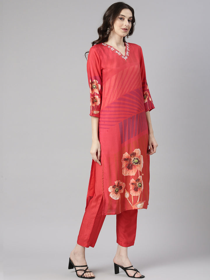 Neerus Red Printed Straight Kurta and Trousers With Dupatta