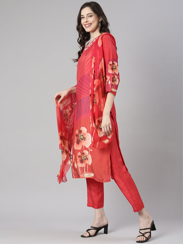 Neerus Red Printed Straight Kurta and Trousers With Dupatta